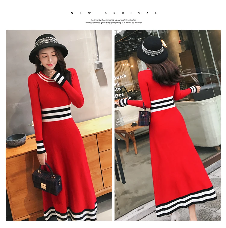 Женское трикотажное платье в полоску Красное Длинное Платье составного кроя с