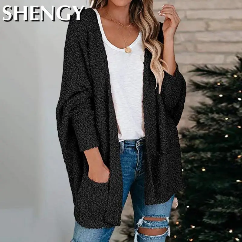 

Autumn Women's Sweaters Batwing Long Sleeve Cardigan Vintage Open Front Knit Midi Sweater Soft Fuzzy Knitted Solid Color Outwear