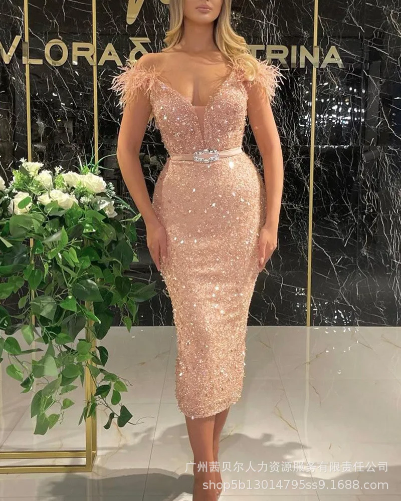 

women's party Evening Dresses 2021 new Sparkly Sequins Pink Glitter Off Shoulder Short Sleeves Prom Long dress