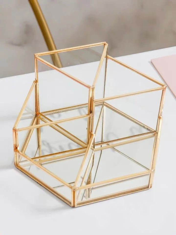 Exquisite Metal Glass Storage Box Nail Skin Care Cosmetics Holder Desktop Decorative Brush Tool Organizer Cosmetic with Pear | Дом и сад