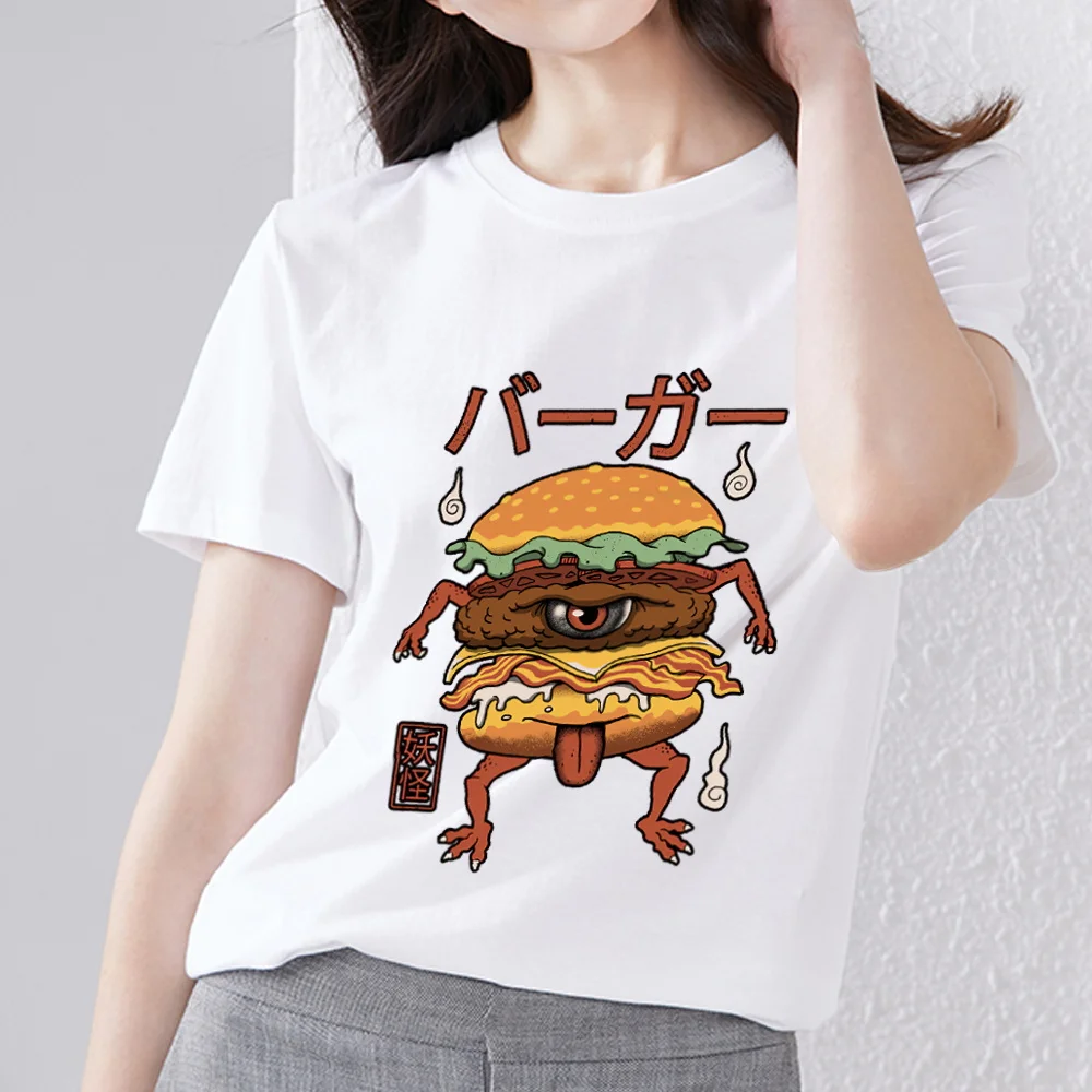 

Women's Fashion Japanese White Slim T-shirt Funny Food Little Monster Printed Pattern Top Round Neck Casual Soft Short Sleeve
