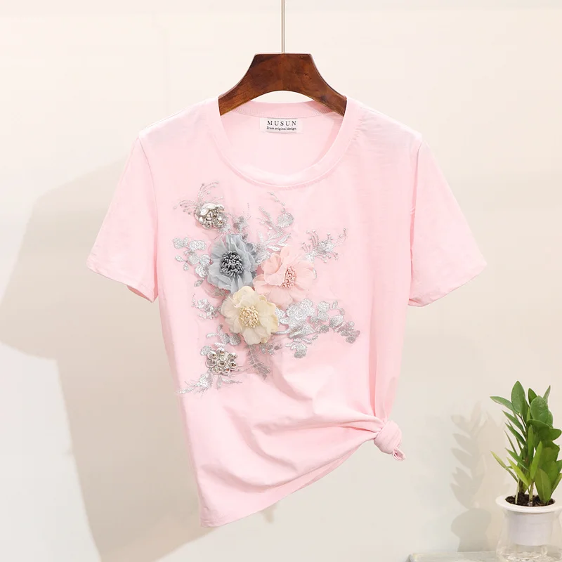 

Women Summer Casual Suits Heavy Work Embroidery 3D Flower Tshirts Jeans 2pcs Clothing Sets