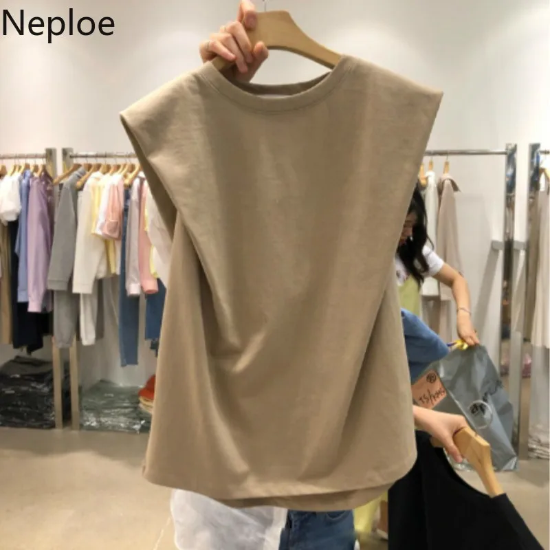 Neploe, Корейская футболка без рукавов, одноцветные топы, элегантные летние уличные блузы, женские свободные эстетические рубашки, женская одежда
