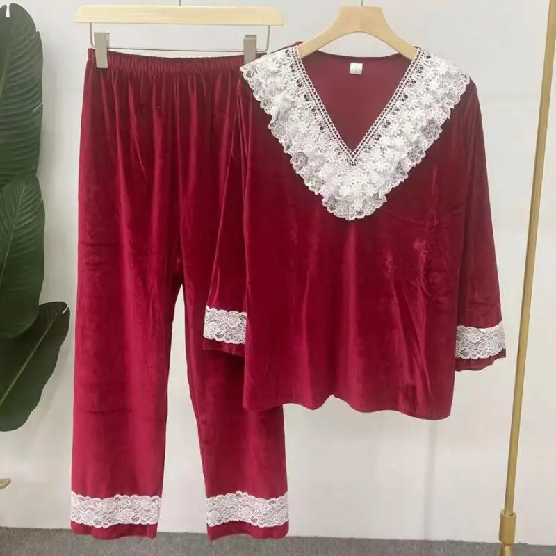 

Новый женский велюровый пижамный комплект, кружевная Лоскутная рубашка и брюки, повседневный комплект для сна, осенняя бархатная одежда дл...