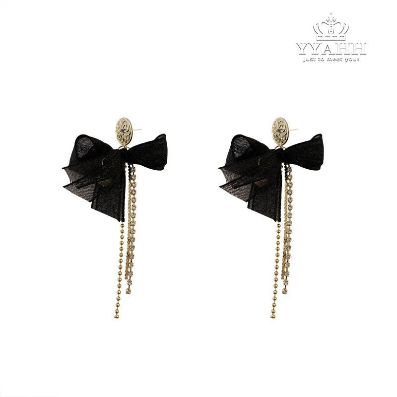 

Korean fashion bow long earrings, simple earrings temperament, lace light luxury earrings female