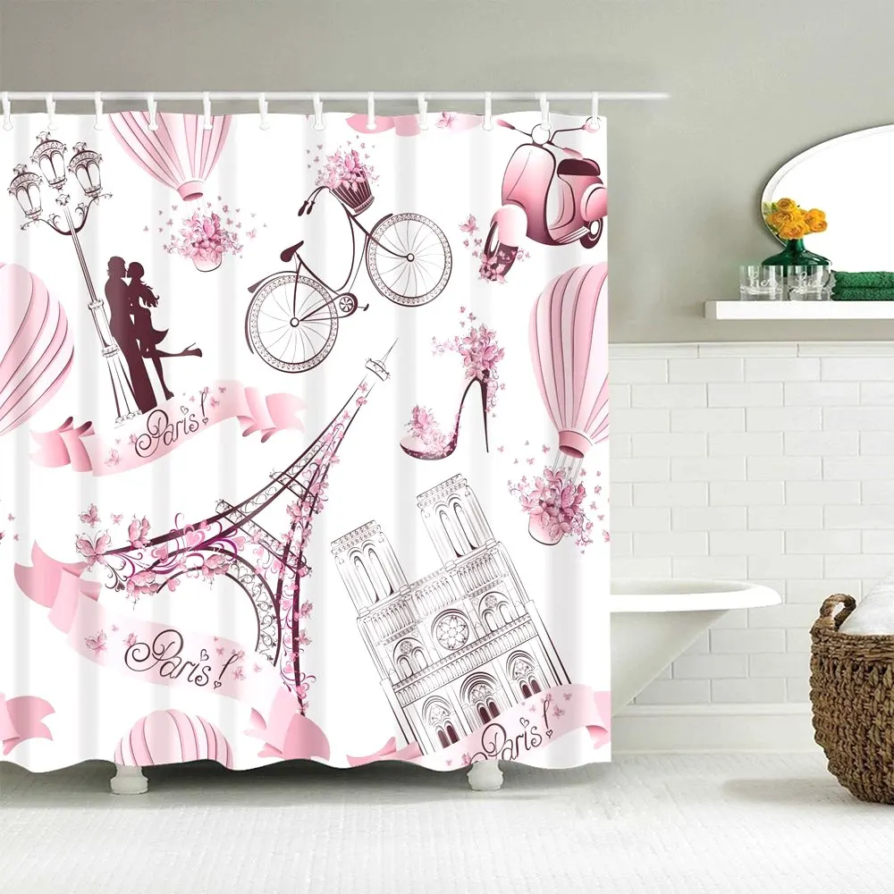 

Dafield Pink Paris Shower Curtain With Tower France Design Print Fabric Bathroom With Hooks