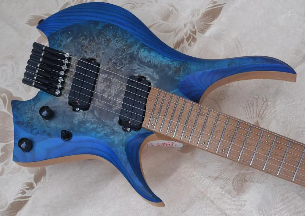 

2020 New Fanned frets 7 Strings Headless Electric Guitar blue Eye Poplar 5-ply Roasted Maple Neck Ergonomic asymmetric neck