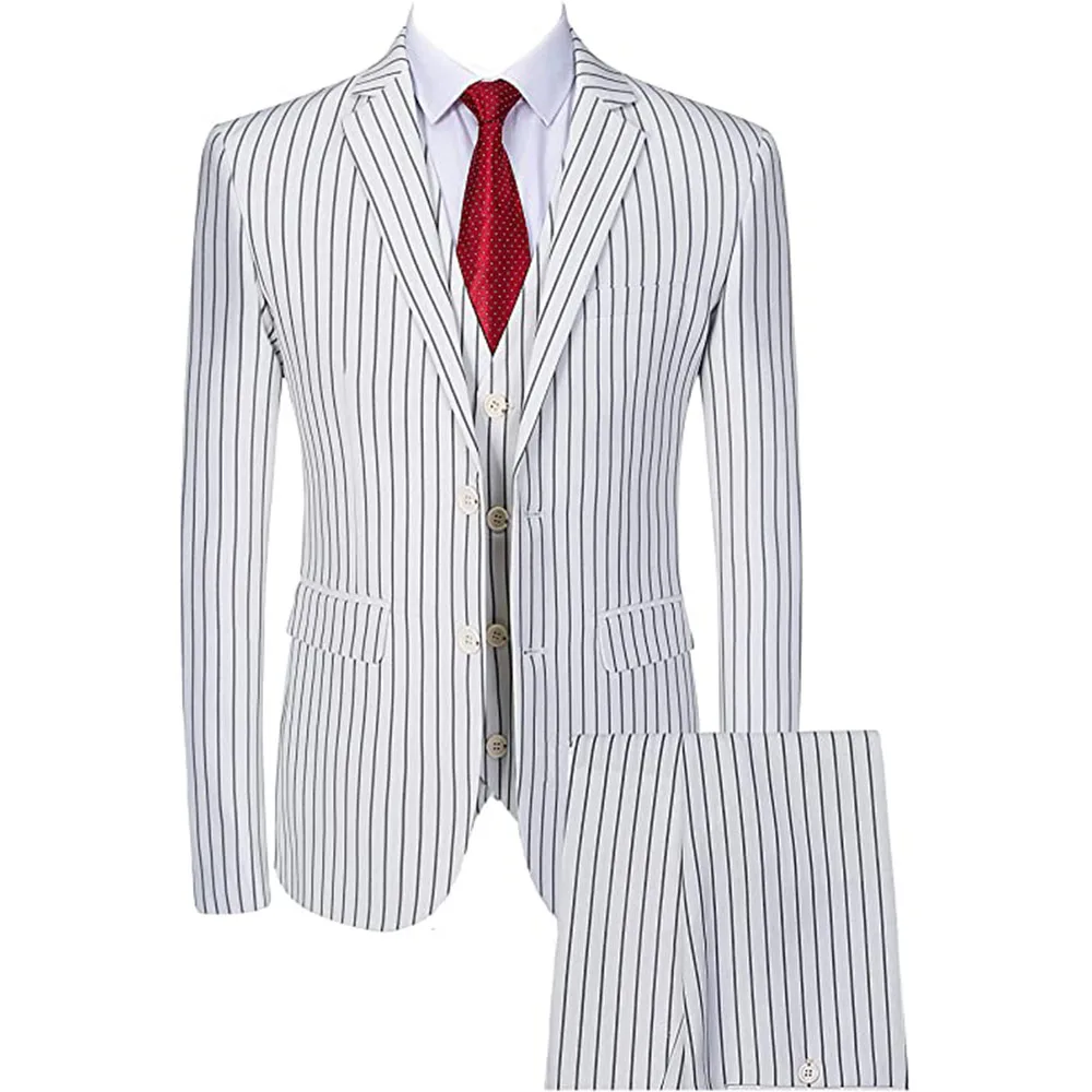 

Spring/Autumn Mens 3 Piece Pinstripe Suit Slim Fit White/Black Check Navy Jacket&Vest&Pants Custom Made Business Blazers Tuxedo