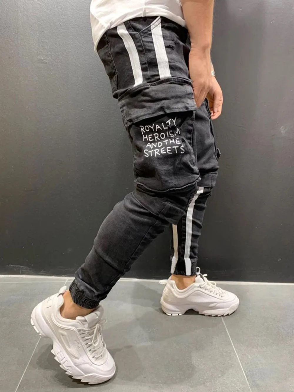 

Stretch Mens Jeans Trendy Knee Holes Zipper Feet Trousers Workwear Calf Pants Pencil Pants