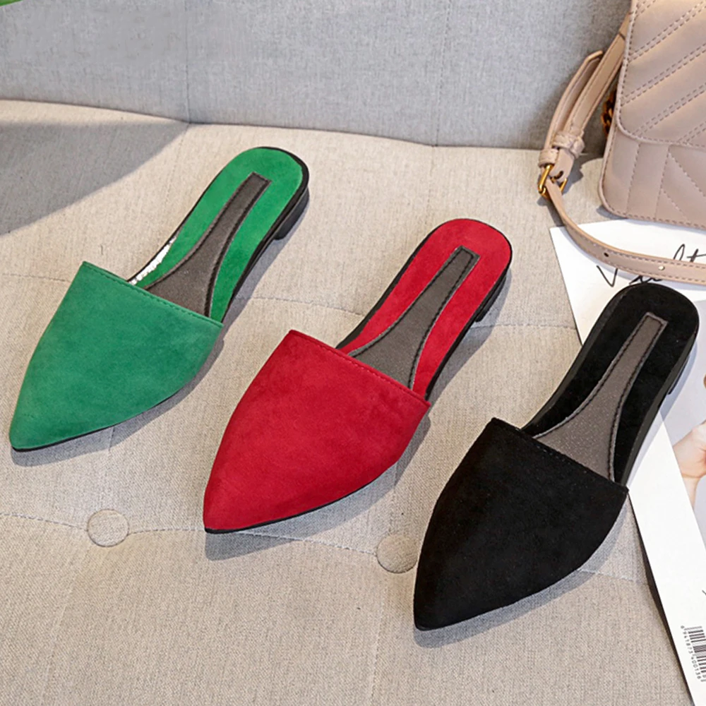 

Woman Shoes flats mules fashion pointed toe slippers Slip on Slides Ladies shallow sandals zapatos mujer Black red green