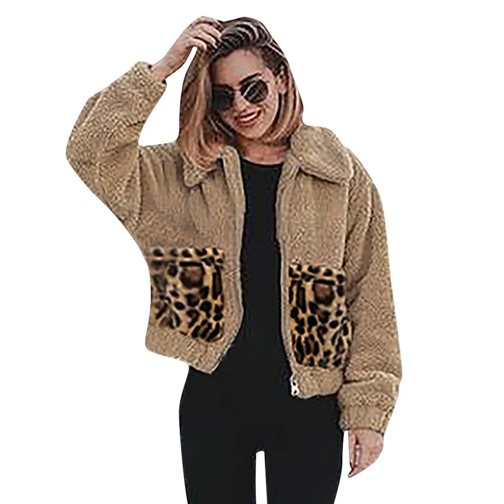 Женские модные куртки с отложным воротником карманами леопардовым принтом