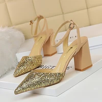 sexy high heels sequined bling shinning glitter luxury woman spring summer ankle strap pointed toe pumps wedding party shoes new