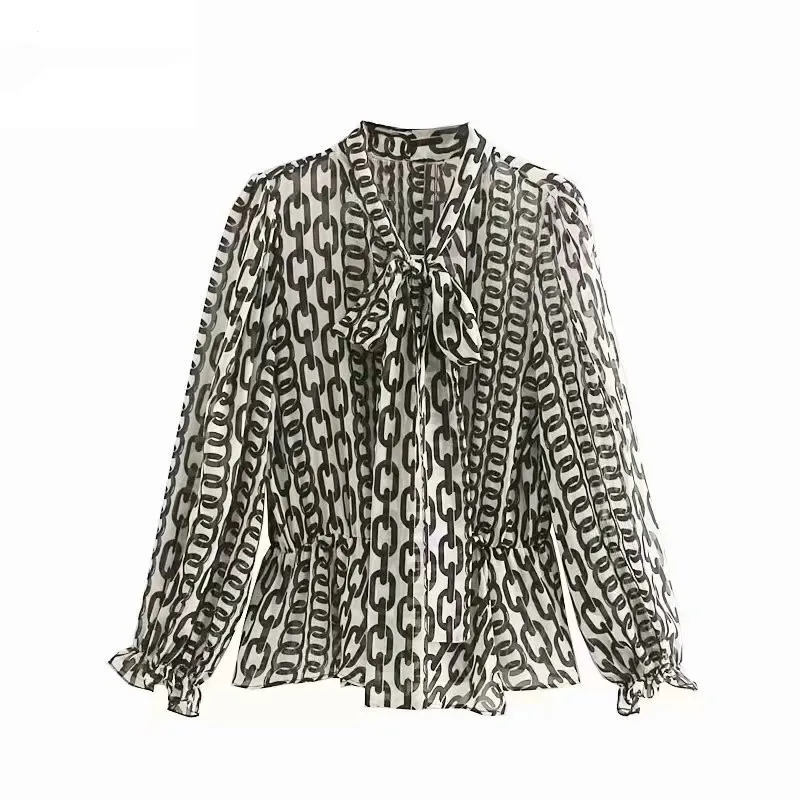 Shein Бросился полиэстер с длинным рукавом Блузка Для женщин рубашки украшенные