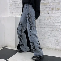 2021 new summer fashion ins street hip hop printing wash jeans loose casual denim wide leg pants tide woman za4395