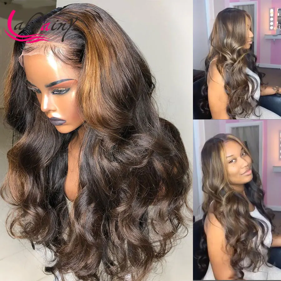 

Highlight Honey Blonde Lace Frontal Human Hair Wigs Body Wave HD Transparent 13X6 Lace Front Pre Plucked Wigs Bleached Knots