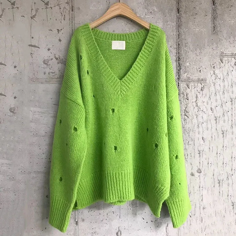 

New Korean Style Fashion V-Neck Plus Size Loose Women's Sweaters Pullovers Streetwear Winter Thicken Long Sleeve Split Knit Tops