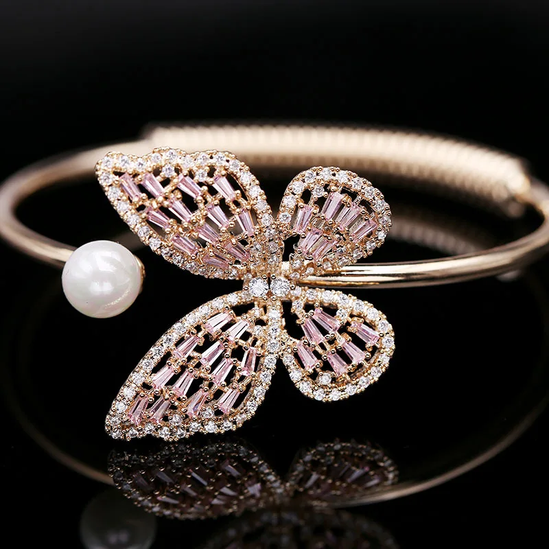 

Bracelet Bracelet Hollow Pearl Open Bracelet Female Rose Gold Butterfly Zircon Bangle