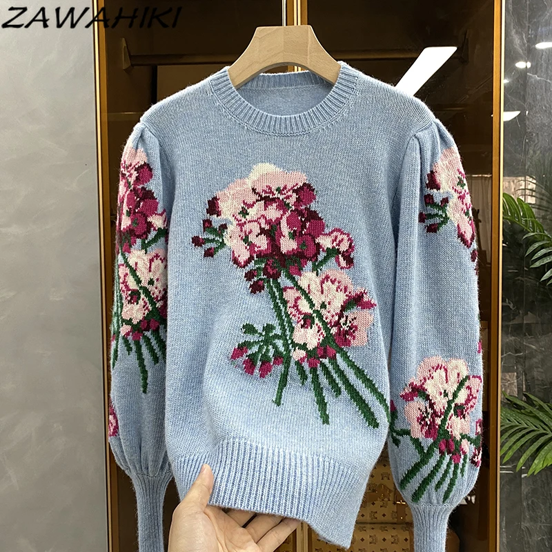 

ZAWAHIKI Women's Clothes Sweet Fashion Sweater Pullover Long Sleeve Elegant Flower Embroidery O Neck Chic Autumn Knitted Tops