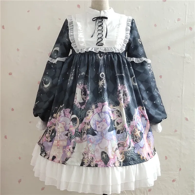 

Original Lolita Tea Party Japanese Style Girl retro cat Lolita Dress Bowknot JSK Carousel lolita cosplay Lace Costume dress