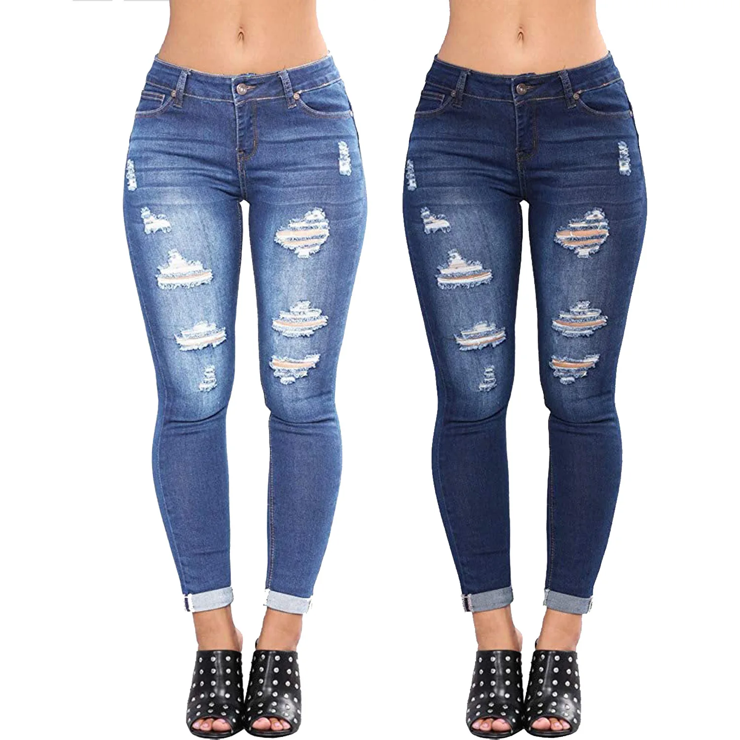 

Women's Fashion All-Match Stretch Denim Washed Hole Slim Jeans