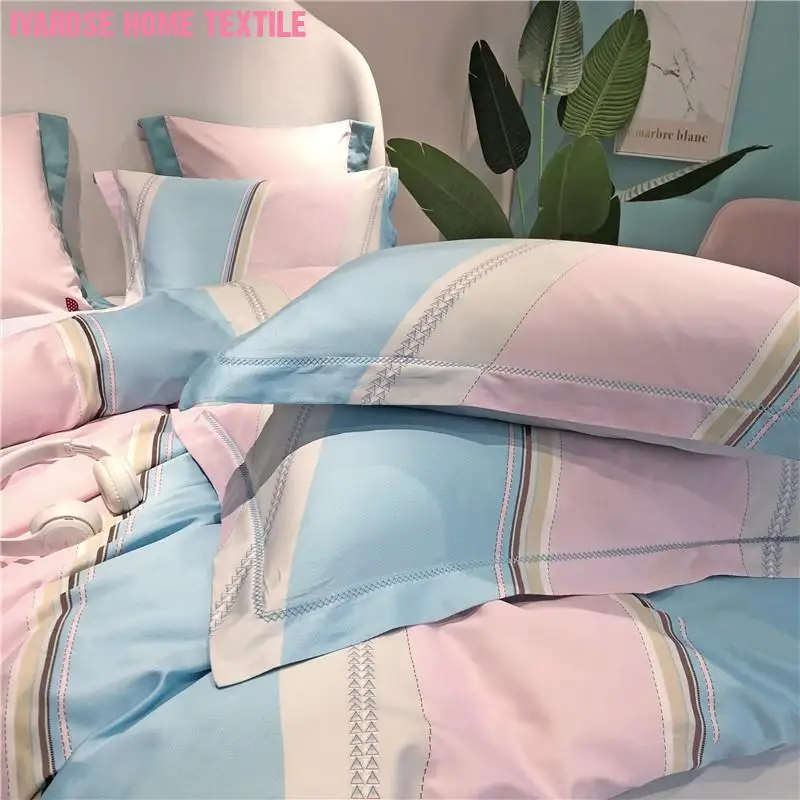 

Pink Blue Diagonal Stripes Duvet Cover Luxury Egyptian Cotton Soft Bedding set Comforter Cover Bed Sheet Pillowcases Easy Care