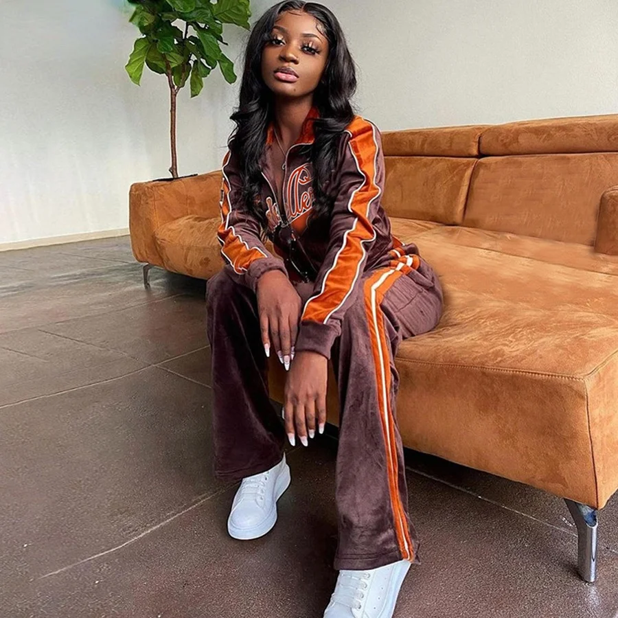 

OrangeA Women Tracksuit Letter Print Velvet 2 Piece Outfit Sweatshirt+Straight Sweatpants Matching Set Fitness Sporty Streetwear
