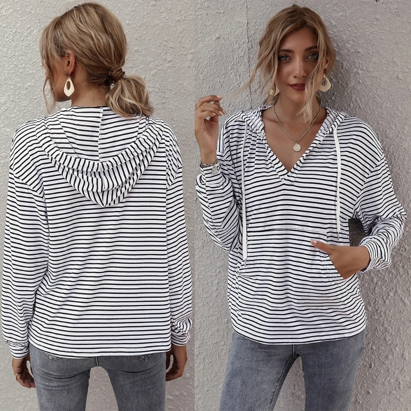 

Women Long Sleeve Drawstring Hoodies Sweatshirt Stripe Pullover Tops Sweatsuit BX0B