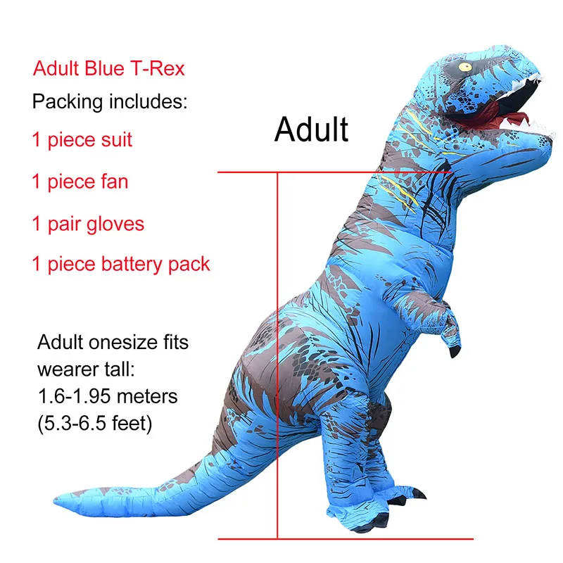 Adult Blue T-rex JYZCOS взрослый T REX надувной костюм динозавра Хэллоуин партии Косплей Костюм для женщин мужчин детей Карнавальный костюм - Цвет: Adult Blue T-rex