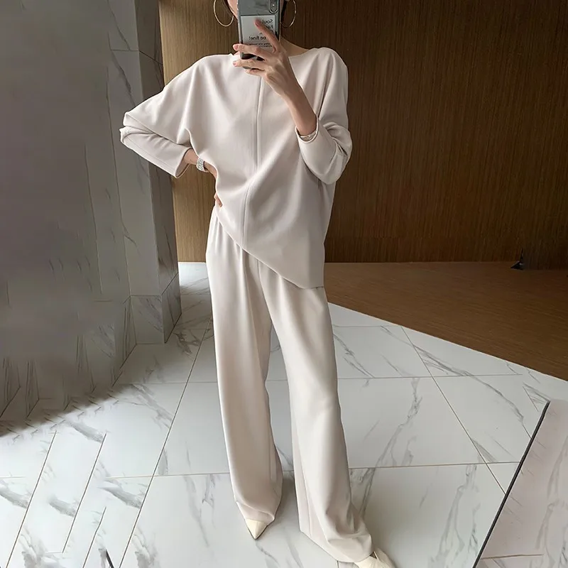 TWOTWINSTYLE однотонный Повседневный Женский комплект из двух предметов с круглым вырезом, длинным рукавом, высокой талией, широкими штанинами, женские костюмы, модная Осенняя Новинка