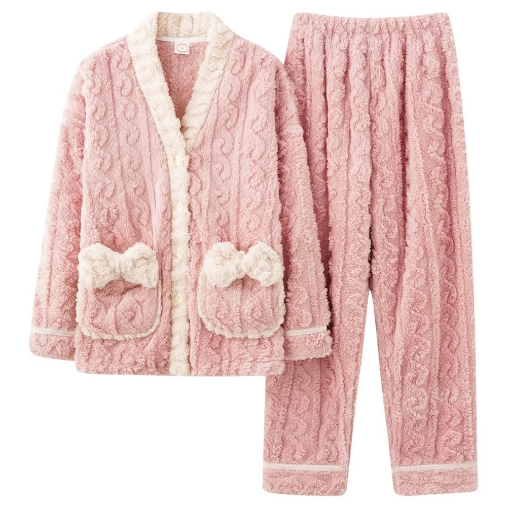 Flannel Pajamas Set for Women Winter Thick and Warm Cute Cardigan Kimono Coral Fleece Home Service Women's Pajamas Sleepwear