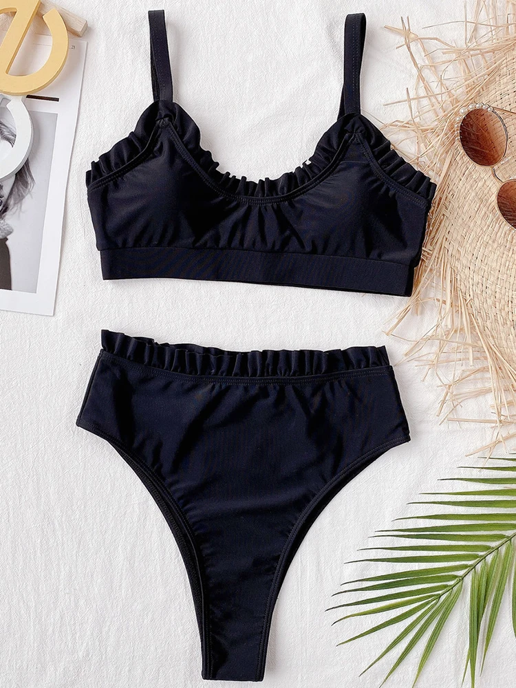 

ZTVitality Ruffles Sexy Bikinis Push Up Solid Bikini 2021 Hot Sale Padded Bra High Waist Swimsuit Female Swimwear Women Biquini