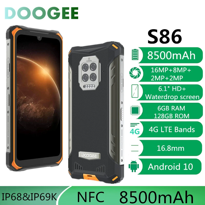 

DOOGEE S86 Rugged Smart Phone 6GB+128GB 8500mAh Long Standby Smartphone IP68/IP69K Mobile Phone NFC 16MP Octa Core Android 10