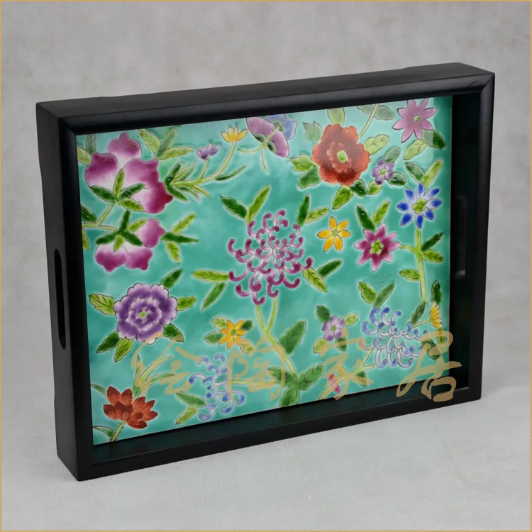 

CX European-Style Hand-Painted Ceramic Tray American Rectangular Solid Wood Tea Tray Fruit Tray