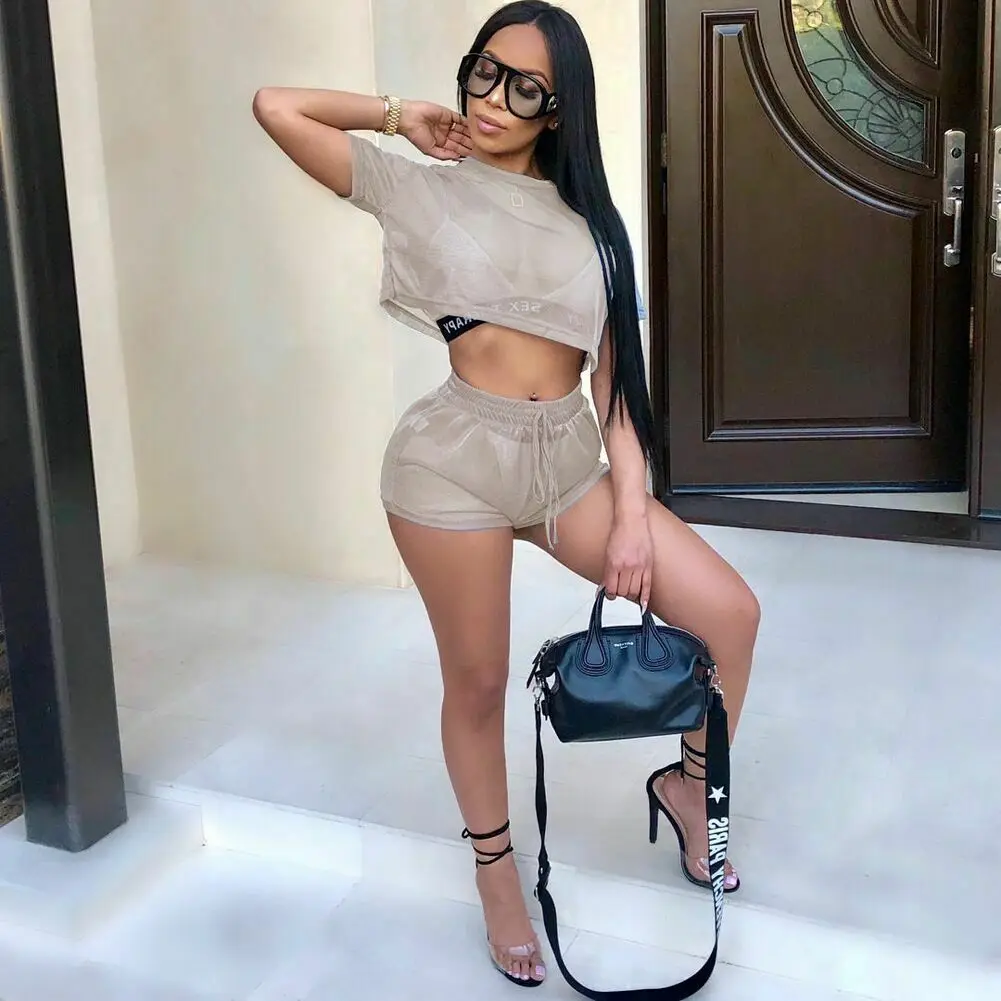 

2020 New Fashion Sexy Women 2 Piece Hollow Mesh Crop Top Shorts Set Short Sleeve T-shirt Solid Short