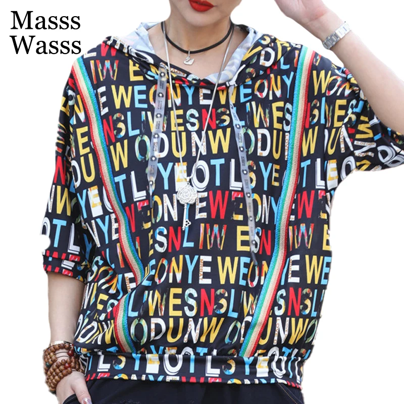 

Masss Wasss Summer New European Designer Tops Women Vintage Punk Printed Loose Tshirts Ladies Casual Hooded Tee Shirts Plus Size