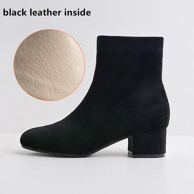 black leather Женские ботинки; коллекция года; Зимние ботильоны из искусственной замши и флока с коротким плюшем на квадратном каблуке; однотонные женские Ботинки martin на молнии с квадратным носком - Цвет: black leather