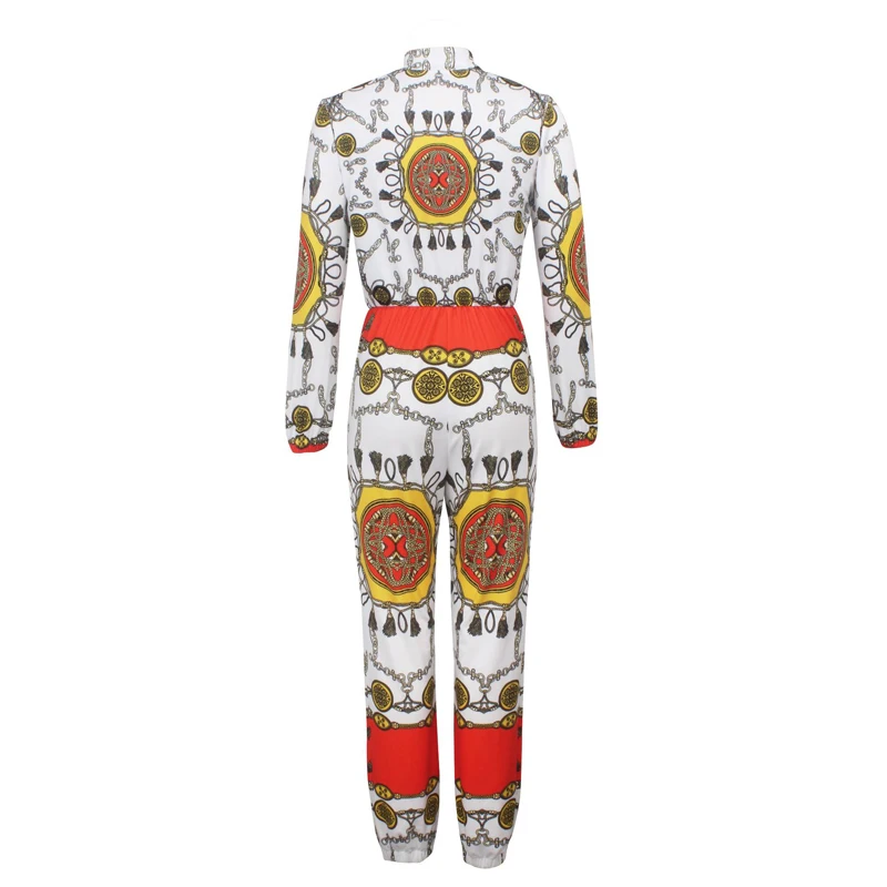 Women Long Sleeve Zip Up Jumpsuit Vintage Printed Regular Fit Long Jumpsuit Elegant Holidays Beachwear Office Lady Workwear