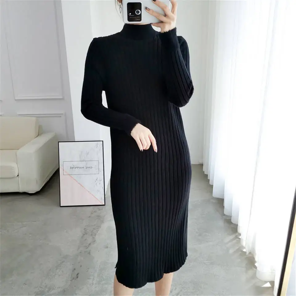 Раздельное однотонное платье с круглым вырезом и длинным рукавом Vestido, милое зимнее трикотажное платье, Осеннее женское элегантное платье, новинка года, модное тонкое мягкое женское платье - Цвет: Черный