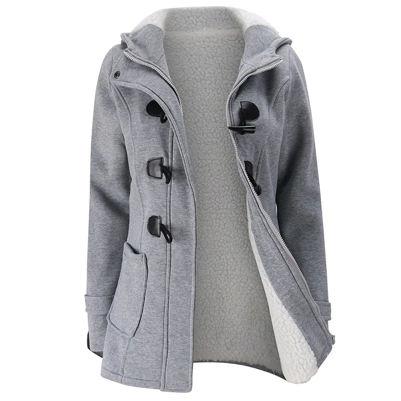 

2021 New Autumn Winter Womens Horn Button Coat Slim Warm Woolen Jackets Female Outwear Plus size Hooded Coats for Women 5XL 6XL