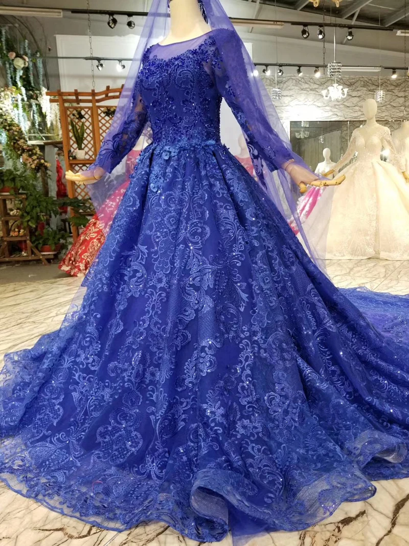 BGW 22718ht Blue Mother Of The Bride Dresses With Train O Neck Long Sleeve Muslim Ladies Party Gown Long 2020 New Fashion Design