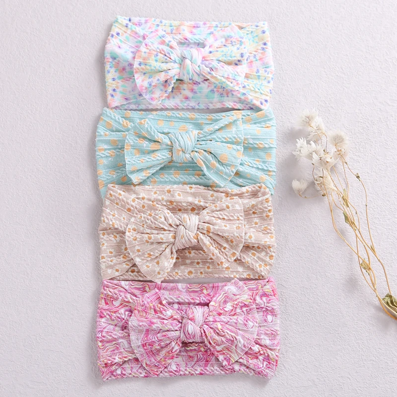 Diademas de punto de Cable para beb&eacute; con lazo para ni&ntilde;a, diademas estampadas, accesorios para el cabello de princesa para ni&ntilde;o, diadema para beb&eacute;, Turbante suave-1