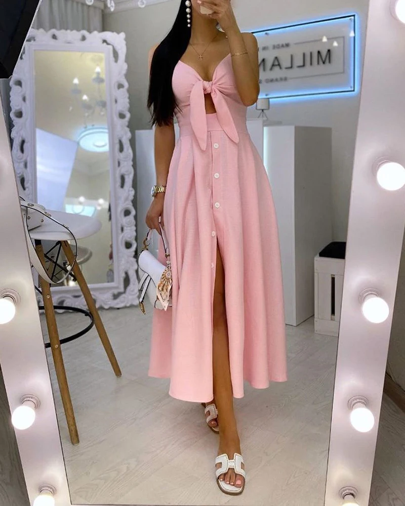 

2020 Fashion Women Summer Elegant Spaghetti Strap Knitted Front Cutout Button Dress Lady Casual Soild V Neck Maxi Dress