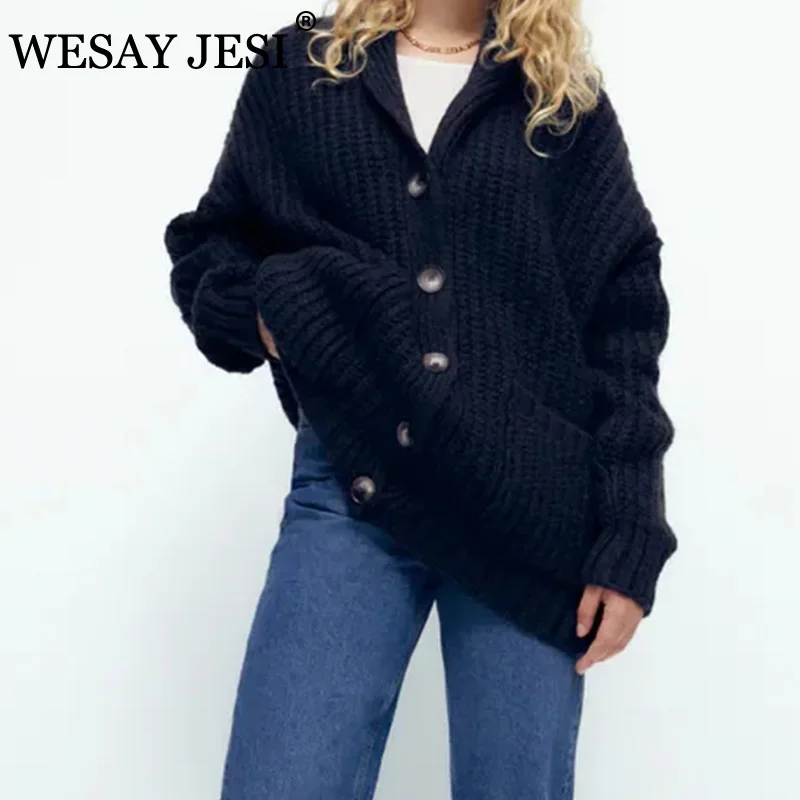 

WESAY JESI Za Женская однотонная вязаная куртка большого размера свитер с длинным рукавом с карманами осень-зима универсальный свободный плотны...