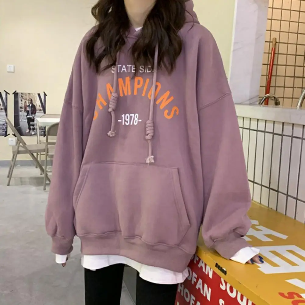 Women Letters Print Plush Warm Hoodie Sweatshirt Long Sleeve Autumn Pullover