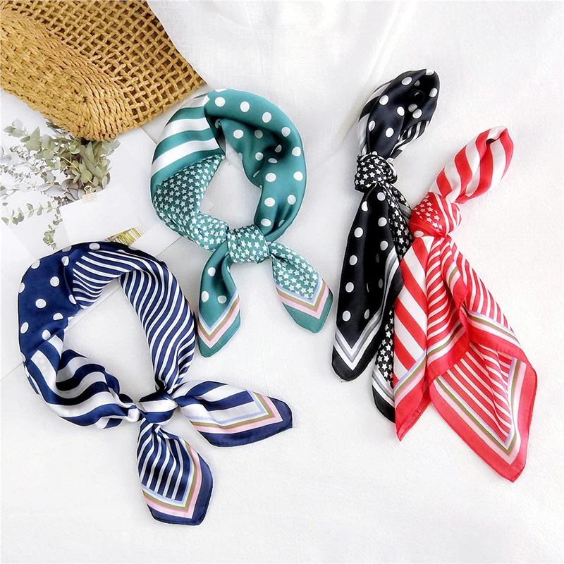 New Summer Neck Scarf Square Small Silk Satin Hair Scarfs Dot Print Shawls Wraps Skinny Scarves Handkerchief rings | Аксессуары для