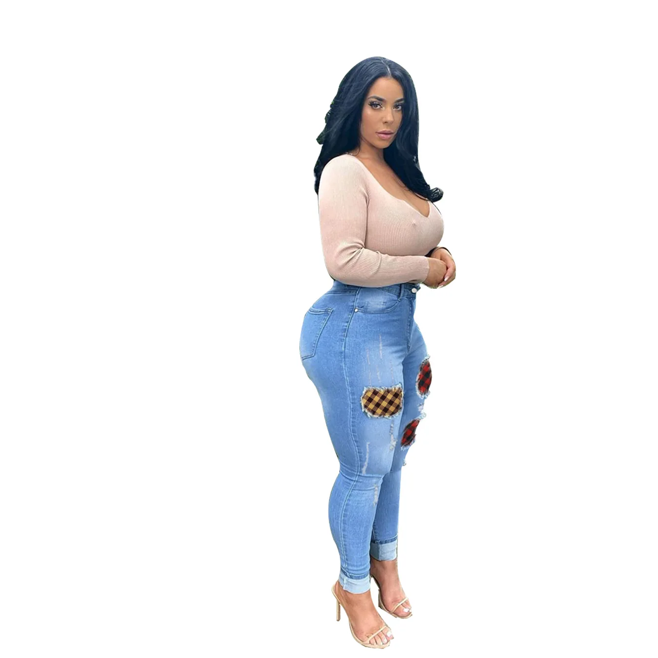 

Fall 2020 Women Plaid Patchwork Jeans Fashion Skinny Tassel Ripped Jeans for Women Casual Slim High Waist Denim Pants Streetwear