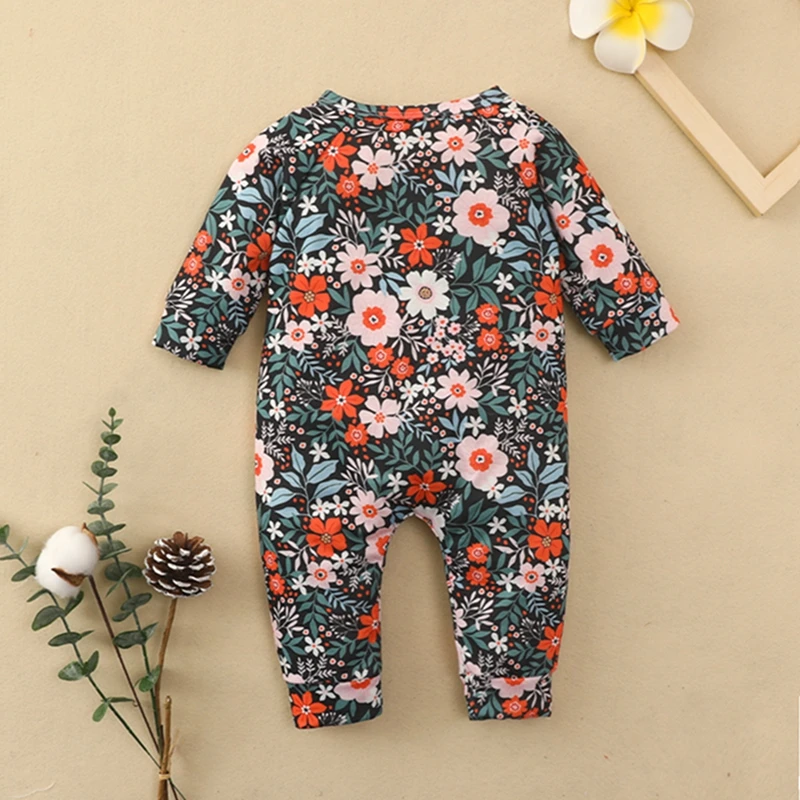 

0-18 Months Baby Girl Boy Romper, Long Sleeve Round Neck Floral Slant Zipper Toddlers Spring Fall Causal Jumpsuit