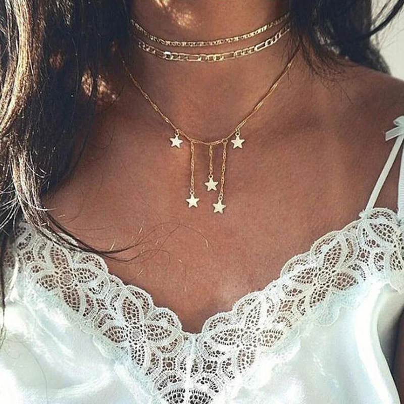 

Three layers Gold Color Chian Star Pendant Tassel Short Necklace for Women Necklaces & Pendants Chokers Party Jewelry Gift