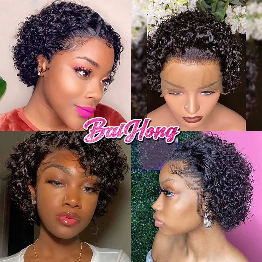 

Pixie Cut Curly Bob Wig 13x1 Lace Front Human Brazilian Hair Wigs 100% Human Hair Remy Pre plucked With Baby Hair BAIHONG