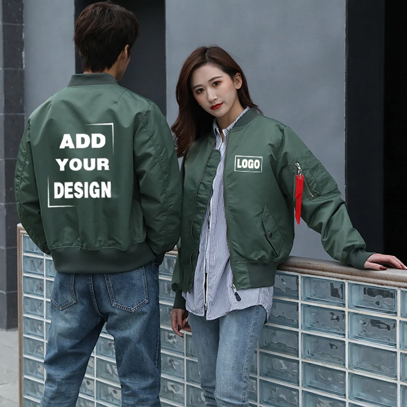 

Winter military jacket Men Custom Logo Embroidery Text print MA1 Flight Army Green Bomber Coat Thick varsity jacket reflective